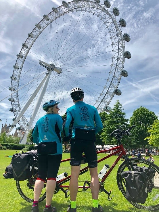 Keith and Hil with their tandem look up at the London Eye