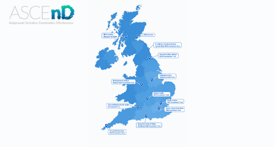 A map of the different ASCEnD locations: Avon & Wiltshire Mental Health Partnership Trust, Birmingham & Solihull Mental Health Foundation Trust, Cumbria, Northumberland, Tyne & Wear NHS Trust, Nottinghamshire Healthcare NHS Trust, Oxford Health NHS Foundation Trust, Hampshire & Isle of Wight Healthcare NHS Foundation Trust, South London and Maudsley NHS Foundation Trust